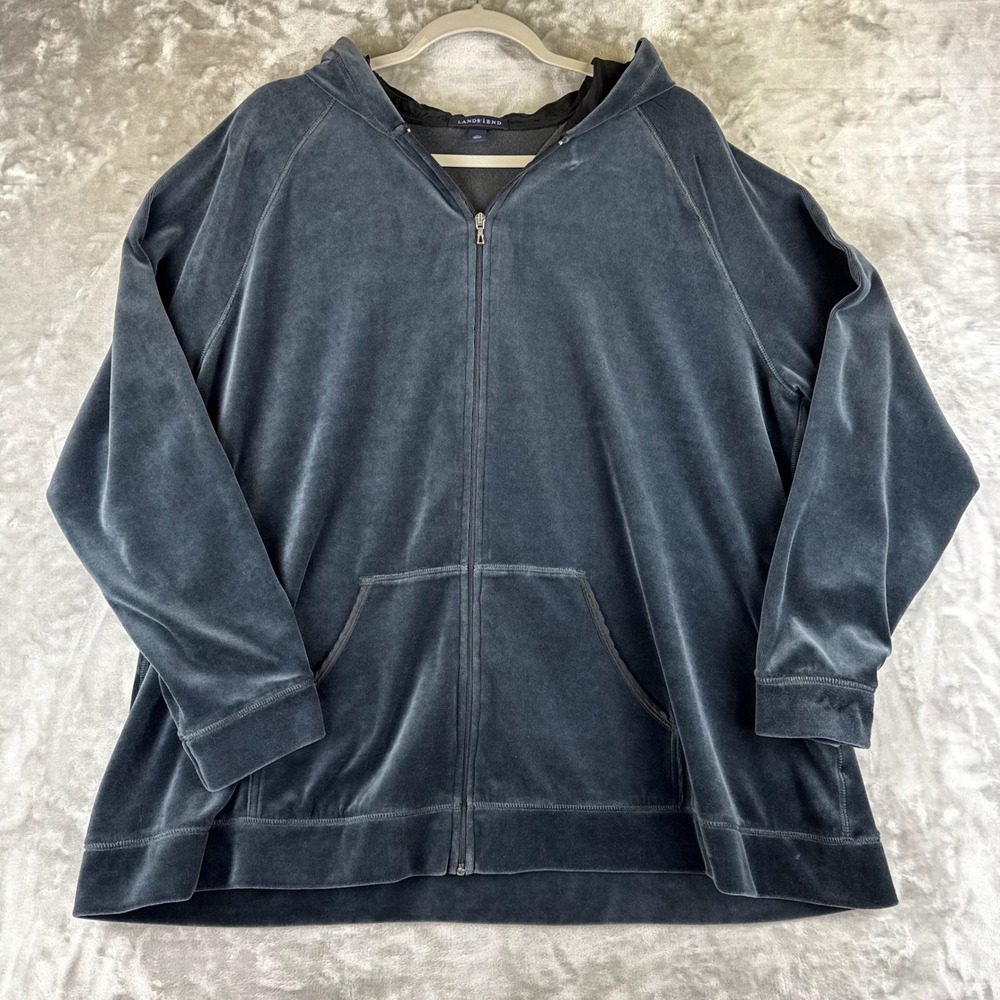 Lands End Hoodie Women XL Gray Velour Full Zip Kangaroo Pocket (1466)